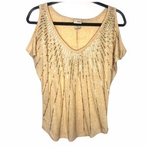 DAYTRIP cold shoulder mustard sequin vneck top